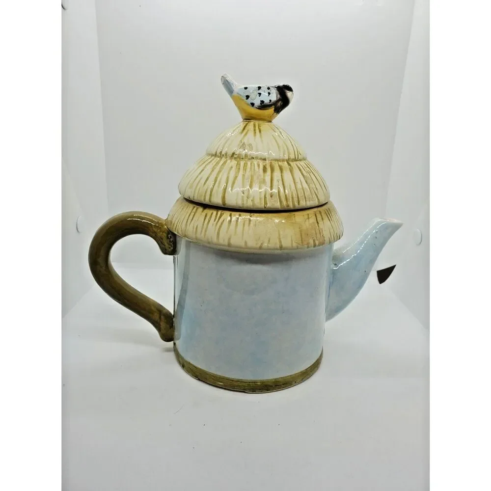 Vintage Bird Teapot Cottagecore Thatched Roof Hand Painted Cottage Tea Pot 6.5